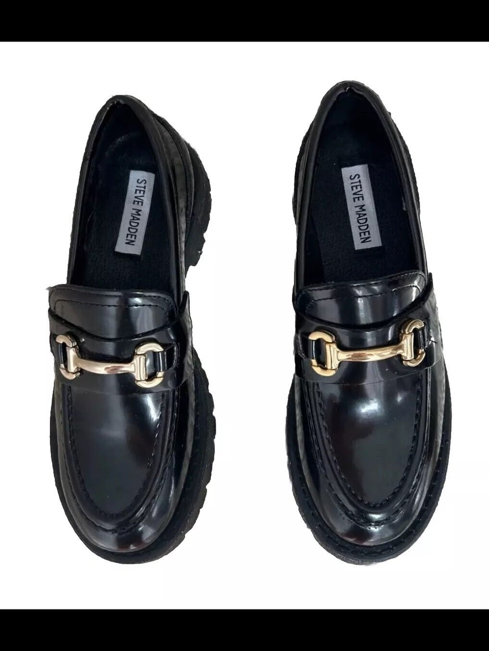Steve Madden Black Patent Loafers with Gold Bit Accent